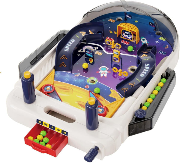 Tabletop Pinball Machine Space Board Game with Obstacles, Pull-Rod Launcher, Two-Hand Controls,