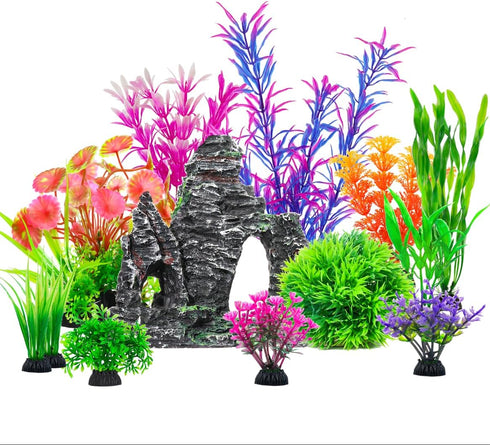 13Pcs Fish Tank Artificial Plastic Plants & Cave Rock Decor Set - Aquarium Decorations Kit