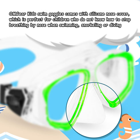 Goggles Kids Swimming Silicone Swim Mask, Snorkeling Gear with Tempered Glass and Cute Neoprene Mask Strap.
