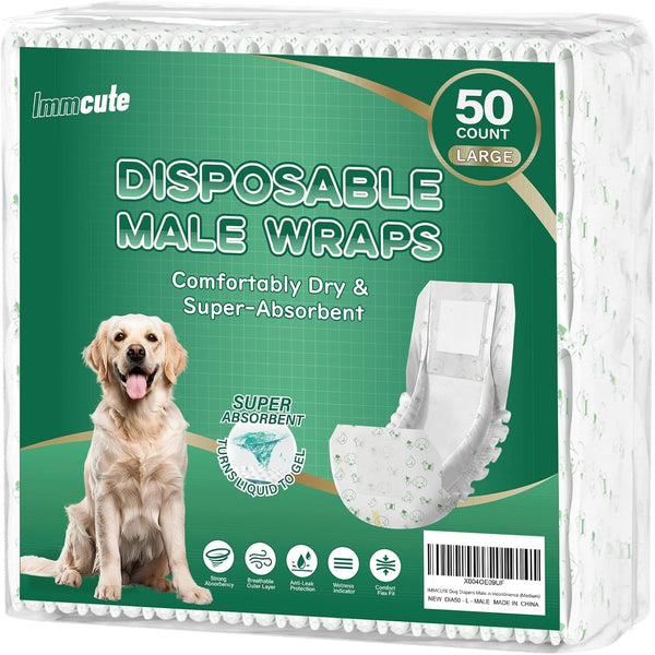 IMMCUTE Large Dog Diapers Male, 50 Ct, Extra-Wide Disposable Male Dog Wraps,