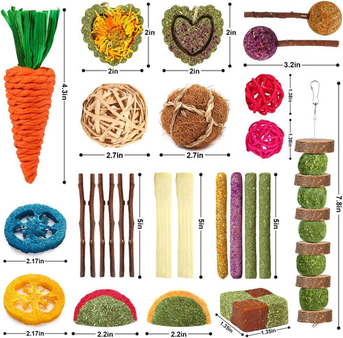 Rabbit Toys Bunny Chew Toys for Teeth, Natural Timothy Hay Sticks Treats and Apple Wood Sticks for Chinchilla and