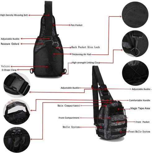 Tactical Shoulder Sling Bag, Small Outdoor Chest Pack for Men, Black Rover Sling Daypack for Traveling, Trekking,
