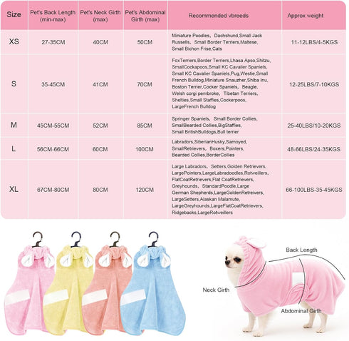 Pet Bathrobe Towel Dog Cat Drying Coat Super Absorbent Cute Dogs Bath Towel Hooded Robe Adjustable Collar & Belly Strap