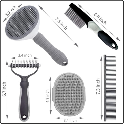 5PCS Set Grooming Kit for Dog,Puppy- Deshedding & Slicker Brush for Short-Haired Pets, Flea Comb and Grooming Comb Grey