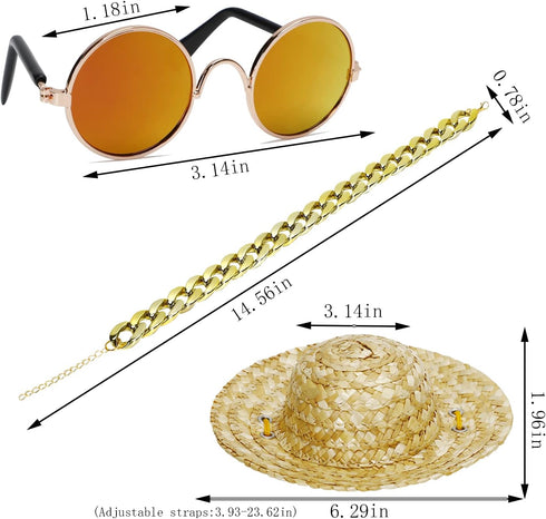 6PCS Pet Dog Cat Costume - Retro Sunglasses, Adjustable Gold Chain Collar & Straw Hat, Funny Accessories for Birthday