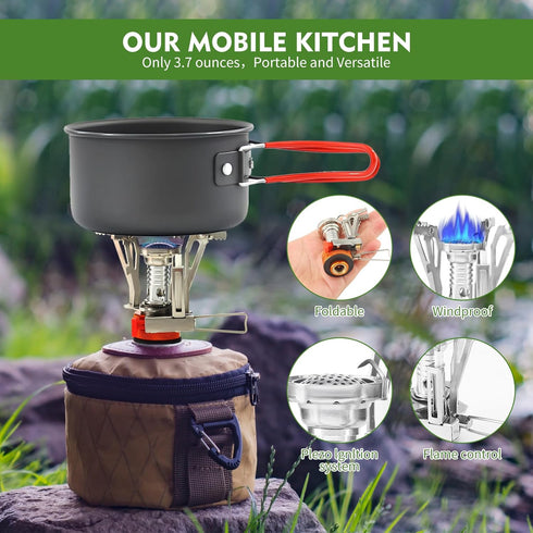 Portable Camping Stove, Specialized Backpacking Stove with Piezo Ignition, Wind-Resistance for Outdoor Cooking
