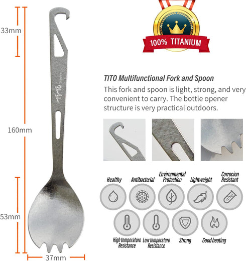 TiTo Bright Blue Titanium Bottle Opener Spork, Lightweight Portable Reusable Flatware for Camping, Hiking, Picnics
