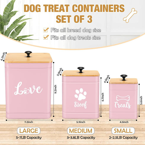 Jingmore Set 3 7+3+2 lbs Counter Metal Dog Treat Containers of with Bamboo Lids and Spoon Airtight Dog Food Snack Jars