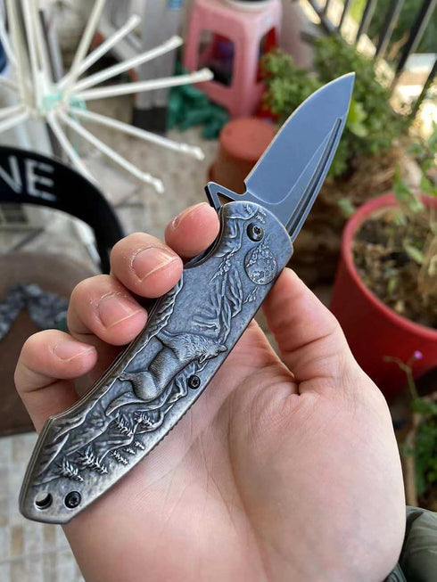 MADSABRE Wolf Pattern Folding Pocket Knife - Stone Washed Steel Handle, Liner Lock for Outdoor Camping and Hunting