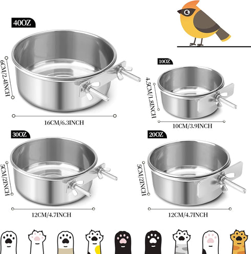 Bird Cage Feeder, 40oz Stainless Steel Food Water Bowl with Clamp for Small Animals