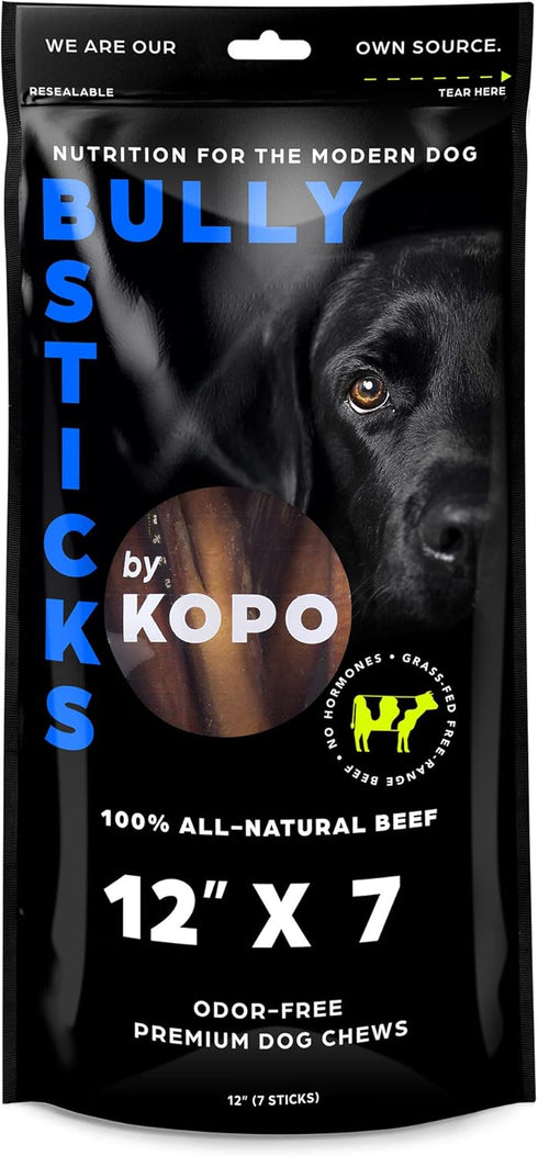 Kopo Bully Sticks, 12-inch (7 Pack) - Odor Free Natural Dog Treats, 100% Beef, Fully Digestible