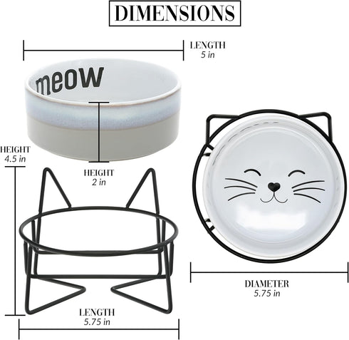 Pavilion Meow Kitty Cat Ceramic Dish Bowl, 13 oz Food Water Meal Time Stoneware with Metal Iron Stand, Pet Accessories