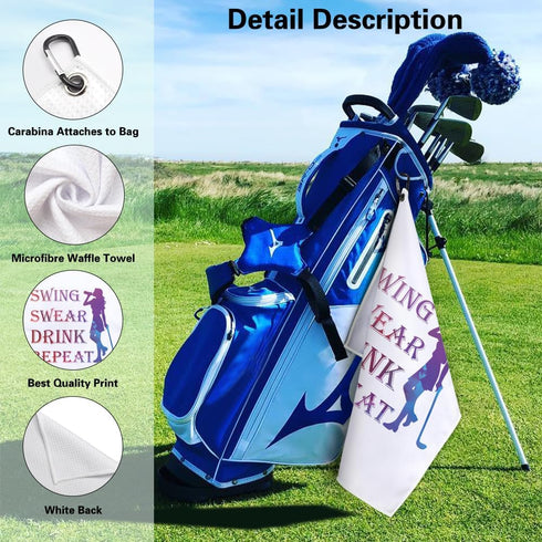 Swing Swear Repeat Funny Printed Microfiber Golf Towel with Clip, Great Gifts for Mom Golf Fan Golfer