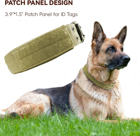 Heavy Duty Dog Collar for Large Dogs, Tactical Adjustable Nylon Collar with Metal Buckle & D Ring, Khaki/L