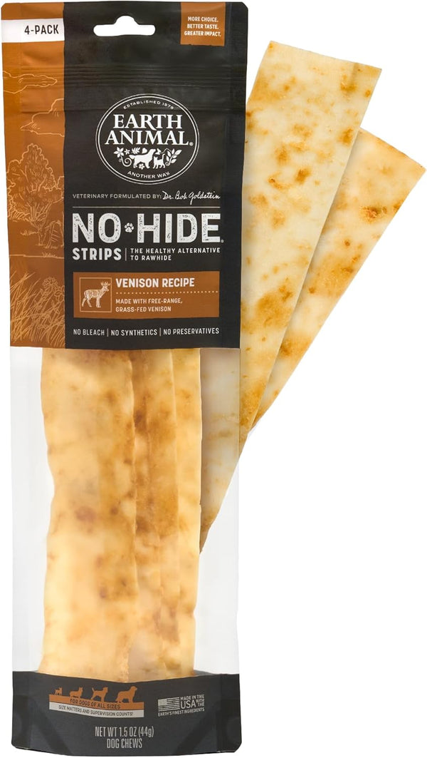 Earth Animal No Hide Strips, Venison Flavored Natural Treats, Quick & Thin Dog Chews - 1 Pack, 4 Count