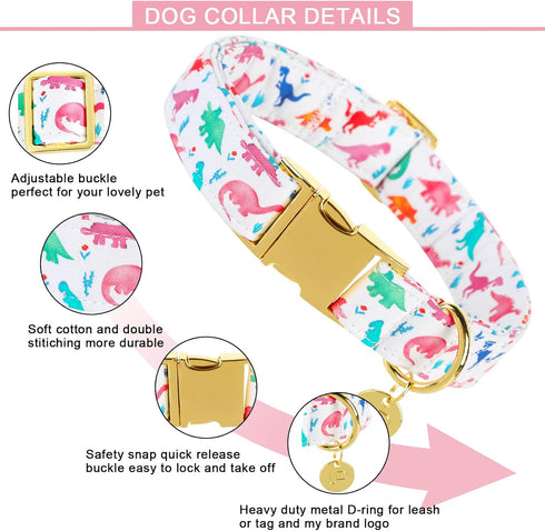 Dinosaur Summer Cotton Dog Collar with Metal Buckle, Gift Collar for Small Medium Large Dogs, Cute Durable Comfortable