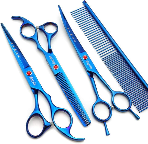 7.0in Titanium Professional Pet Grooming Scissors Set, 3pcs Straight & Thinning & Curved for Dog Grooming