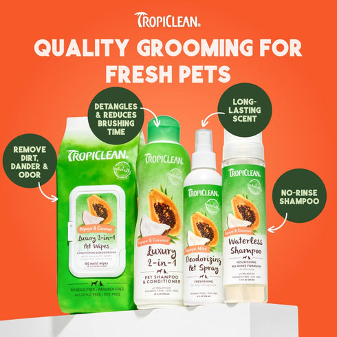 TropiClean No Rinse Waterless Dog Shampoo, Detangling & Deodorizing Dry Shampoo for Smelly Pets, 7.4oz, Papaya Scent