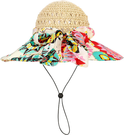 Summer Wide Brim Beach Hats for Women, Anti-UV Flower Floppy Foldable Roll Up Cap