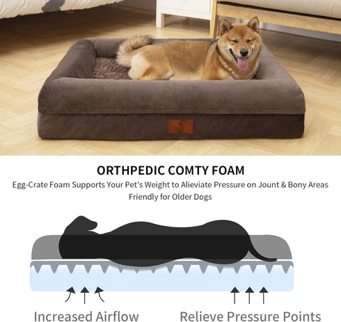 Large Brown Orthopedic Dog Bed, Waterproof with Removable Cover, 4-Sides Removable Bolster Soft Sofa Bed, Washable