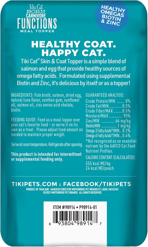 Tiki Cat Born Carnivore Skin & Coat, Salmon Recipe in Broth, Omega-3 and Biotin, Mousse Cat Food Topper, 1.5 oz. Pouch