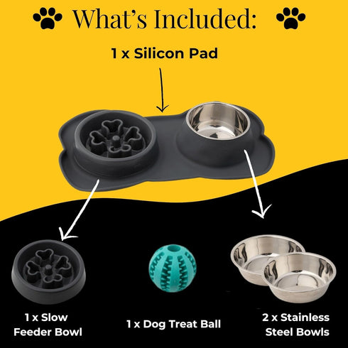 Slow Feeder Dog Bowls, No-Spill Non-Skid Silicone Mat, Stainless Steel Water Bowl for Dogs, Canine Karma
