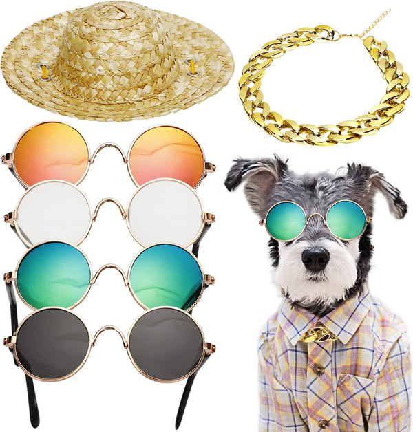 6PCS Pet Dog Cat Costume - Retro Sunglasses, Adjustable Gold Chain Collar & Straw Hat, Funny Accessories for Birthday