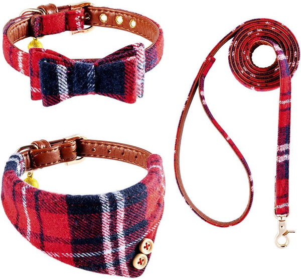 EXPAWLORER Dog Collar and Leash Set, Classic Plaid Dog Bow Tie and Bandana Collar with Bell, Adjustable for Dogs