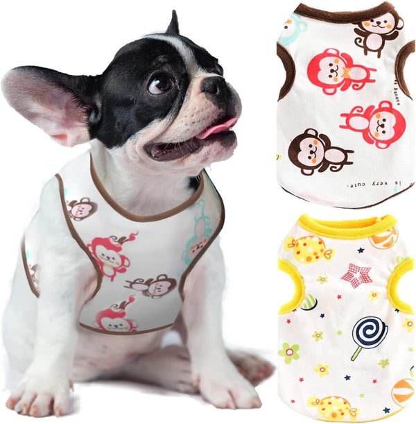 2 Pack Dog Shirts, Soft Stretchy Cotton Summer Pet T Shirts for Small Dogs Cats, Cute Cartoon Print, Lightweight