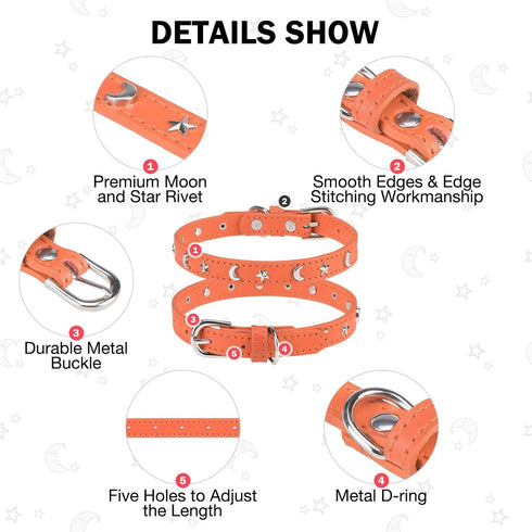 Leather Dog Collar for Small Medium Dogs, Adjustable Star Moon Rivet Studded, Rust-Proof Metal Buckle, Orange, Size
