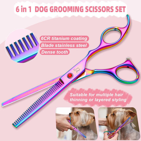 6 1 Dog Grooming Scissors,Rainbow Curved Chunkers Shears with Safety Round Tips,Sharp and Durable in Dog Scissors