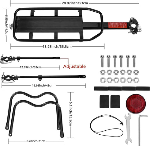 ROCKBROS Adjustable Rear Bike Rack, Full Quick Release Bicycle Cargo Rack, Aluminum Alloy, 115 lbs Capacity, Black