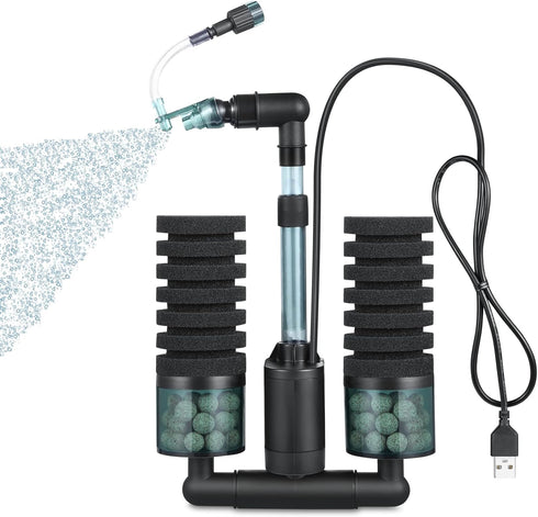 QANVEE Aquarium Sponge Filter Bubbler with Ultra Quiet Water Pump and Ceramic Balls