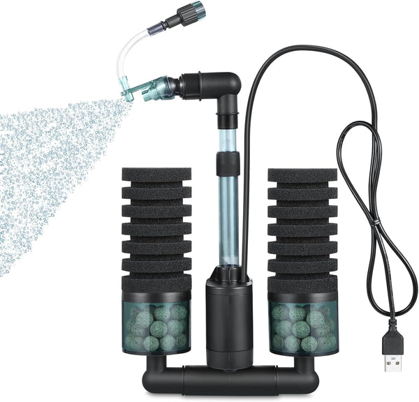 QANVEE Aquarium Sponge Filter Bubbler with Ultra Quiet Water Pump and Ceramic Balls