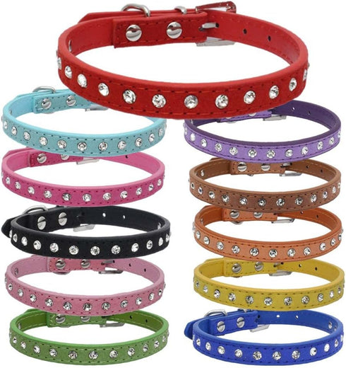Dogs Kingdom 10 "-16.5" Total Length Suede Skin Jeweled Rhinestones Pet Dog Collar Sparkly Crystal Diamonds Studded Leather Puppy Dog Cat Collar Pink Xs