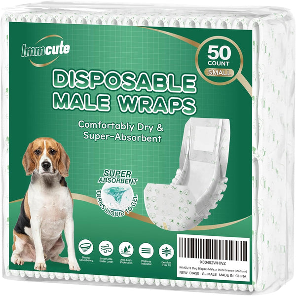IMMCUTE Dog Diapers Male Small 50 Ct, Male Dog Diapers Disposable with