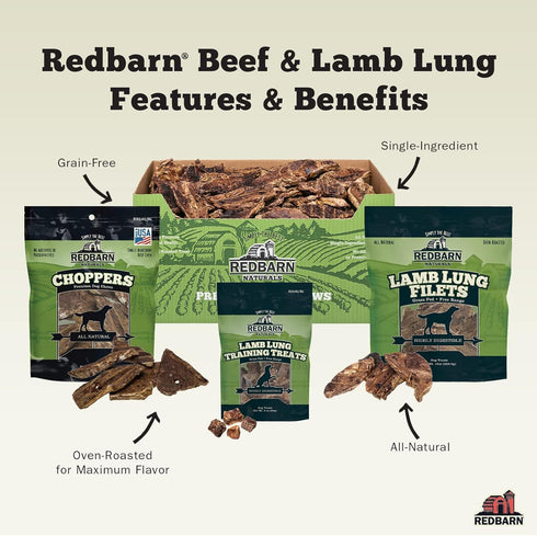 Pack 2 Redbarn Beef Lung Choppers Dog Chew, All-Natural high-Protein Low-Fat Grain-Free, Highly Palatable Treats