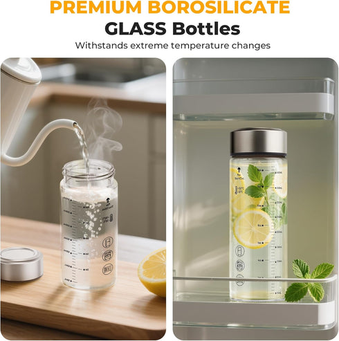 12 oz 4 Pack Sursip Glass Juice Bottles Wide Mouth Bottles with Stainless Steel Lids Leakproof, BPA Free