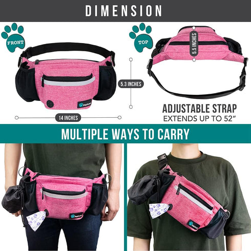 PetAmi Dog Fanny Pack, Treat Pouch for Walking and Training, Water Bottle Holder, Pink