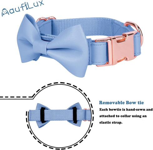 Soft Leather Bowtie Dog Collar, Adjustable Cute Bow Tie Collar with Stylish Rose Gold Heavy Duty Metal Buckle for Dogs