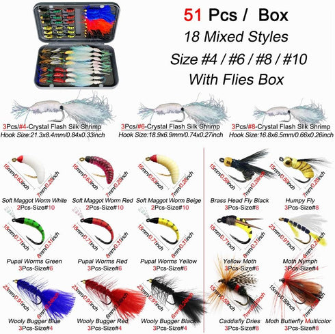Set 22Pcs/51Pcs Premium Fly Fishing Flies - for Trout, Bass, and Salmon