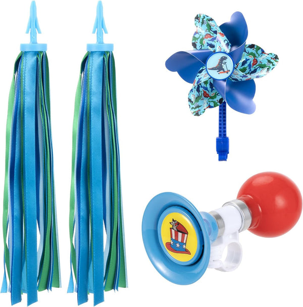 Kids Bike Horn Set with 2 Pcs Handle Streamers, Bicycle Bell and Windmill Accessories for Girls or Boys