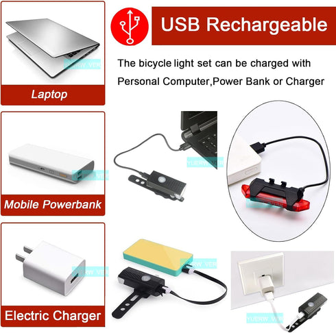 Rechargeable Bike Lights Set, Ultra Bright Bicycle Rear Lights for Night Riding, Waterproof 4 Modes