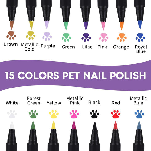 15 Colors Dog Safe Nail Polish Pen - Quick Dry, Pet Nail Polish for Cats/Dogs/Birds/Rabbits, Easy to Apply