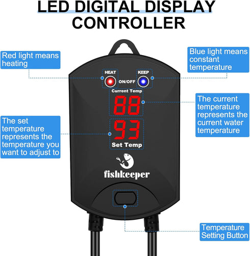 500W Adjustable Aquarium Heater, Digital Display Controller, Submersible Water Heater for 66-132 Gal Tanks