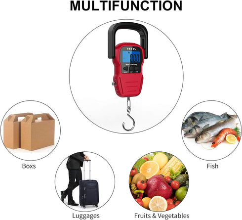 HEETA Fish Scale with Backlit LCD Display, Up to 110lb/50kg Digital Portable Hanging Weight Scale with Hook & Tape