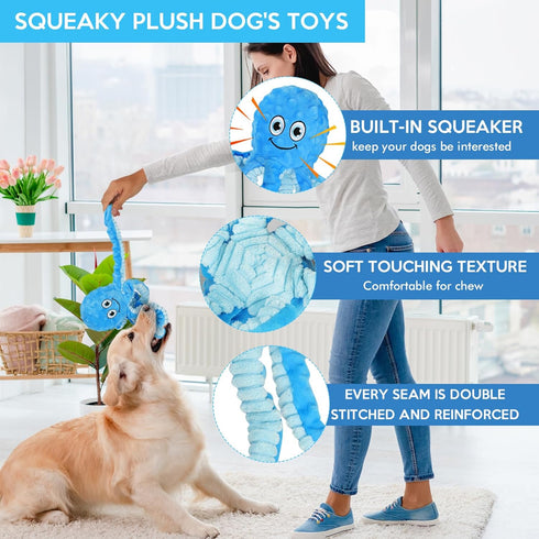 Squeaky Octopus Dog Toys, Durable Crinkle Plush Chew Toys for Teething, Interactive Tug for Small, Medium, Large Dogs