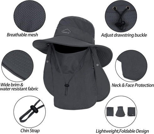 Sun Hat for Men Women - Summer UV Protection Wide Brim Fishing Hat with Face Cover & Neck for Hiking