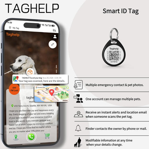 Taghelp 2-Pack 1.2") -Smart QR Code Pet ID Tag for Dogs - Instant GPS Location Alert via Email, No App/Subscription