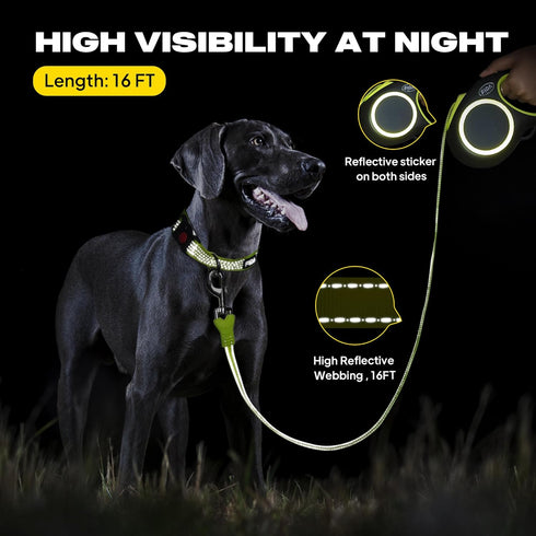 Fida Retractable Dog Leash, Reflective 16ft Heavy Duty Pet Walking Leash for Medium/Large Dog up to 110 lbs, Tangle Free. One-Hand Brake (Large, Neon Yellow)